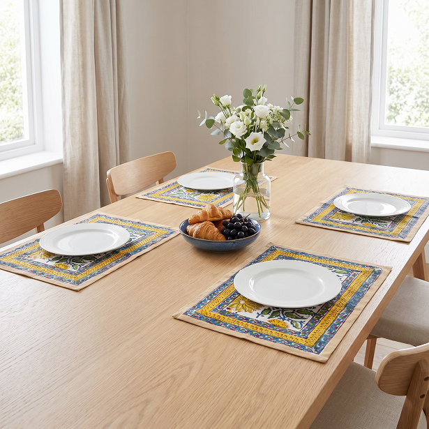 Hand Block Printed Cotton Canvas Table Mat 32x48 cms Set of 2 Table mats Surajmukhi Canary Open 206589