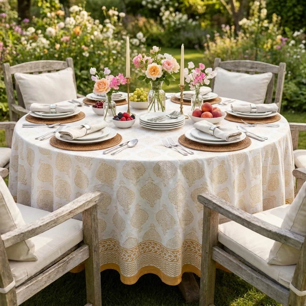 Image of Round 220 cms Cotton French Design Table Cover | Taj Patti Beige 271024