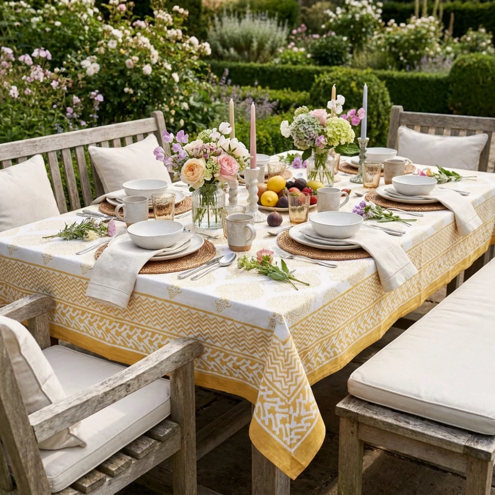 Image of Hand Block Printed Cotton Tablecloth 150x220 cms | Taj Patti Beige 271024