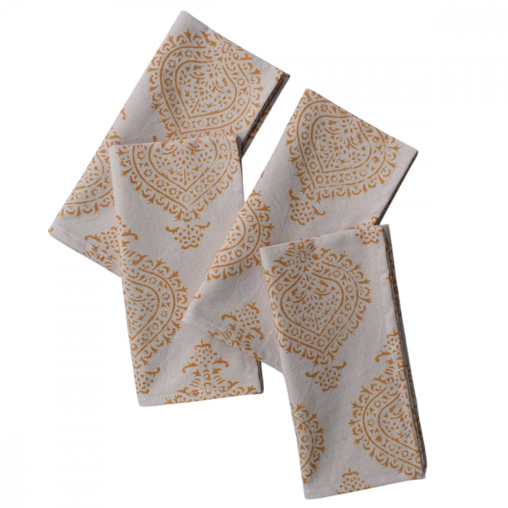 Image of Taj Patti Beige 271024 Sustainable Hand Block Printed Cotton Napkins, Set of 4