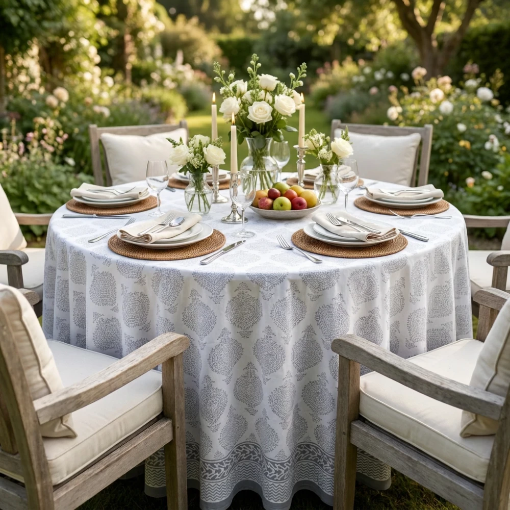 Image of Round 220 cms Cotton French Design Table Cover | Taj Patti Grey 271023