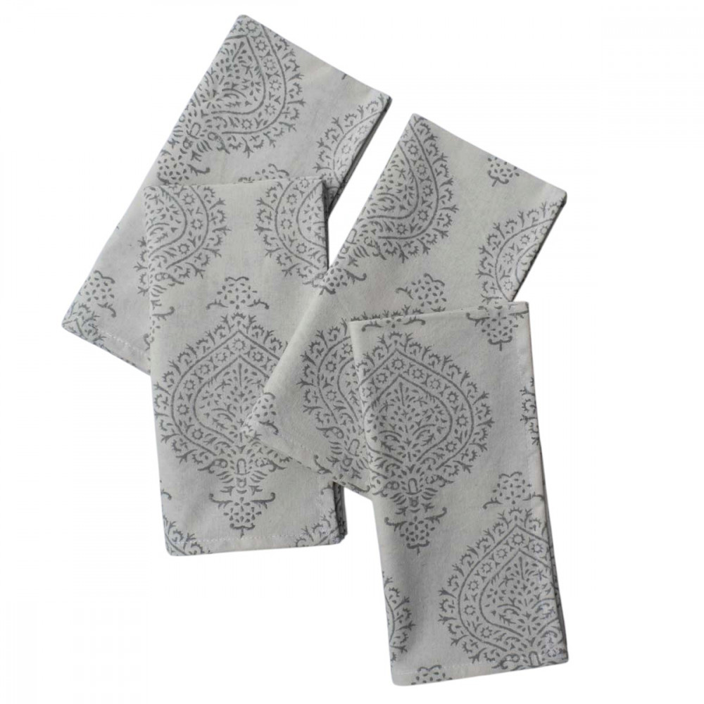 Image of Taj Patti Grey 271023 Sustainable Hand Block Printed Cotton Napkins, Set of 4