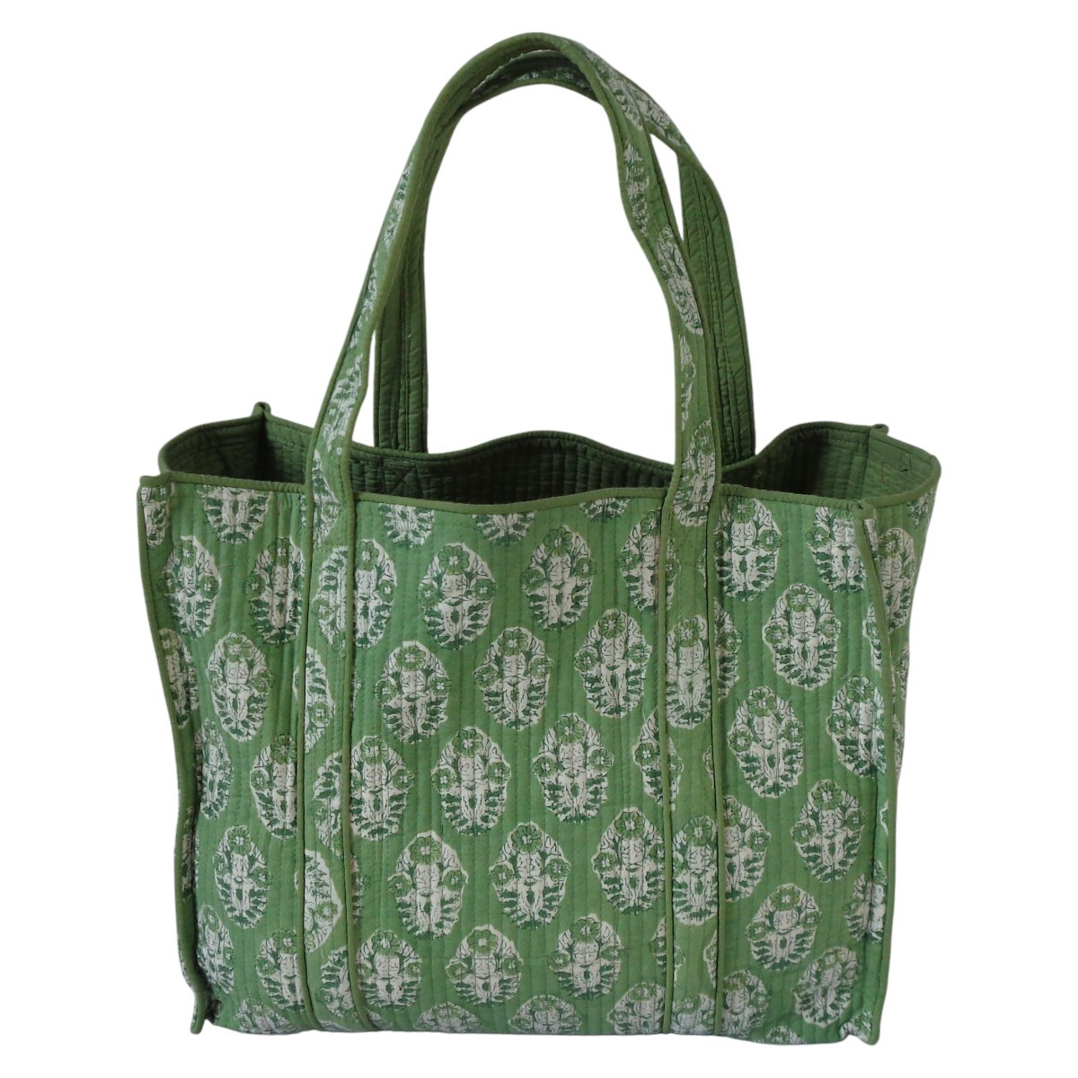 Hand Block Printed Cotton Quilted Tote Bag Boota Celadon Green Gud 100673