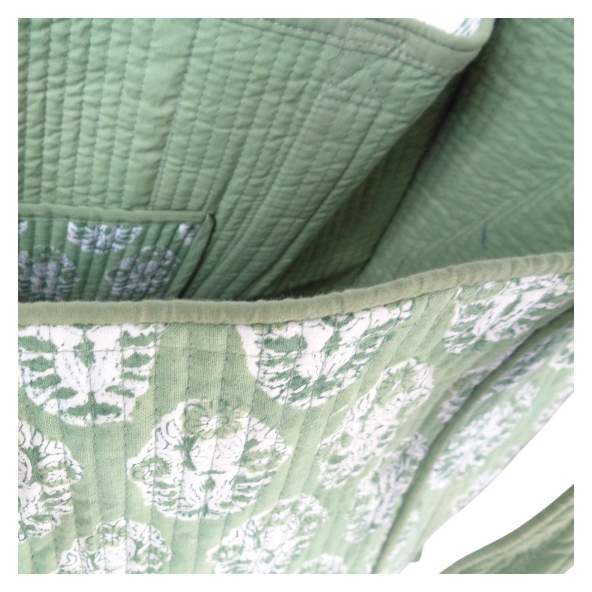 Hand Block Printed Cotton Quilted Tote Bag Boota Celadon Green Gud 100673