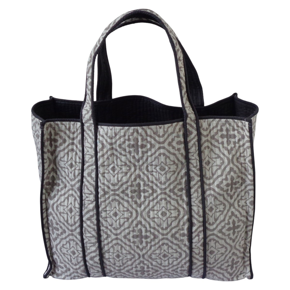 Hand Block Printed Cotton Quilted Tote Bag Cross Flower Grey 100459
