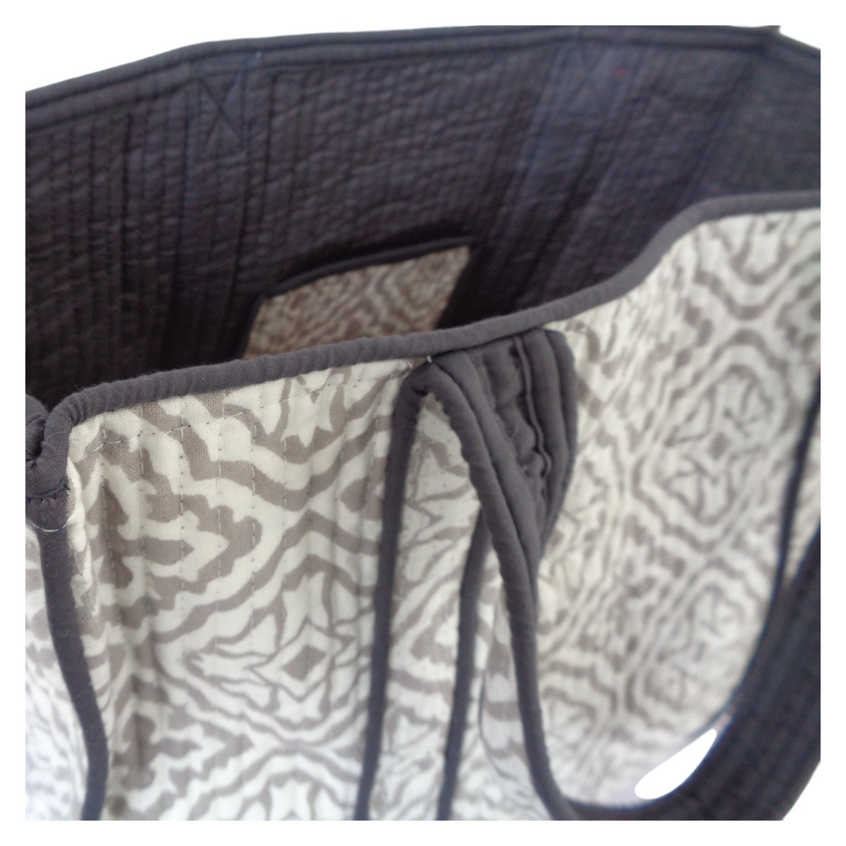 Hand Block Printed Cotton Quilted Tote Bag Cross Flower Grey 100459