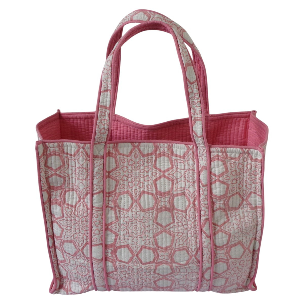 Hand Block Printed Cotton Quilted Tote Bag Geo Chokri Pink 107053