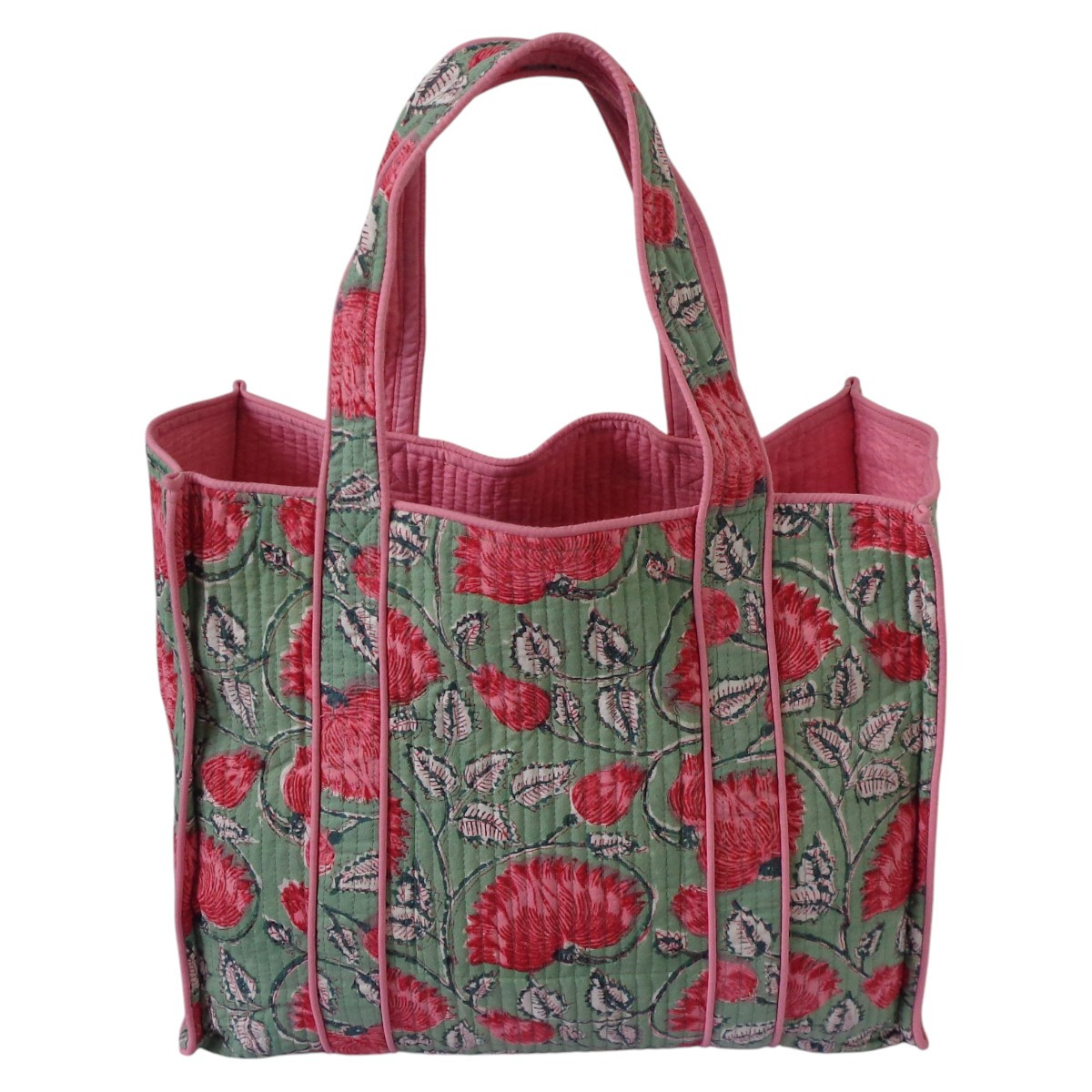 Hand Block Printed Cotton Quilted Tote Bag Kamal Gulabi Gud 206591