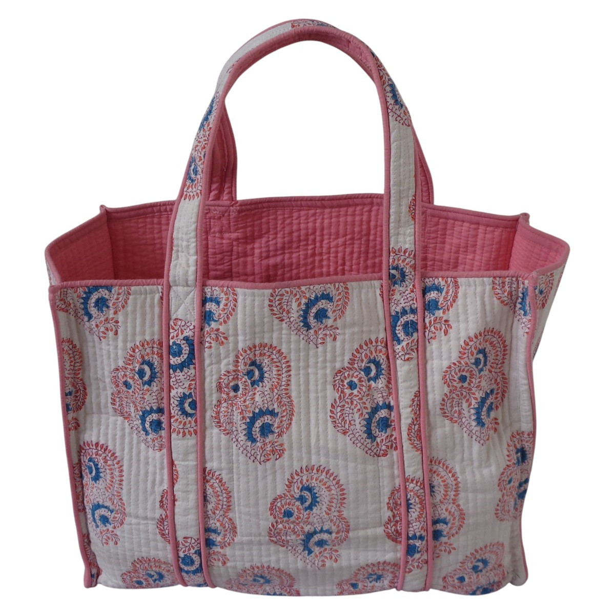 Hand Block Printed Cotton Quilted Tote Bag Kusum Gulabi Boota 205379
