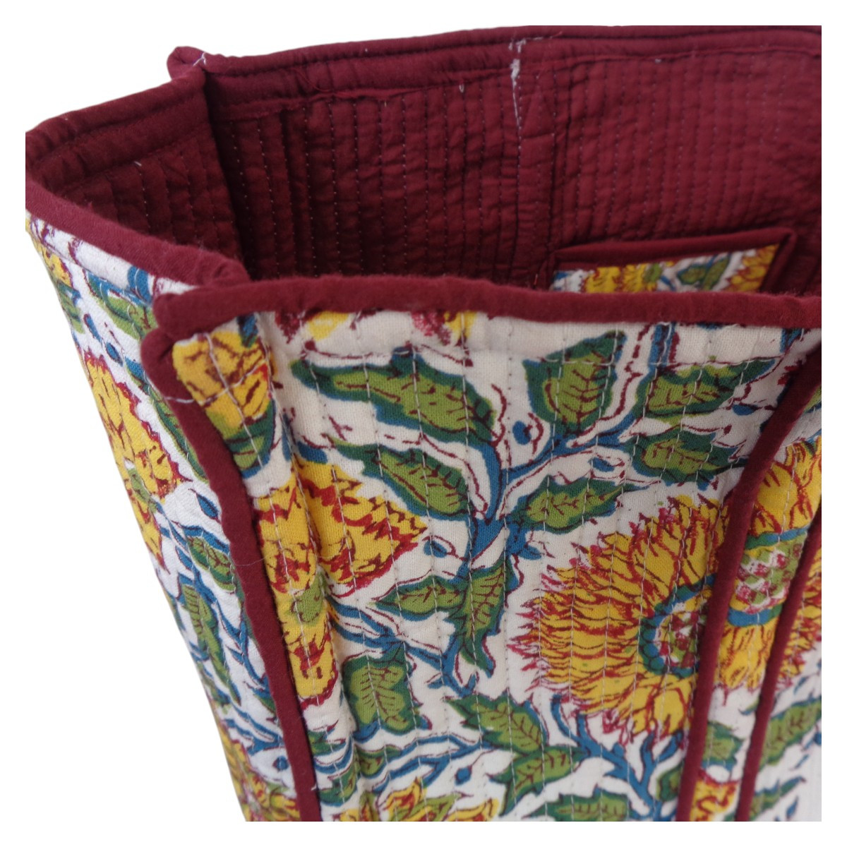 Hand Block Printed Cotton Quilted Tote Bag Surajmukhi Canary Open 206589