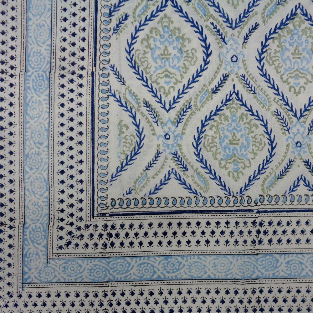 Wood Block Printed Handmade Tablecloth 150x220 cms Ogee Cerulean Blue 202518