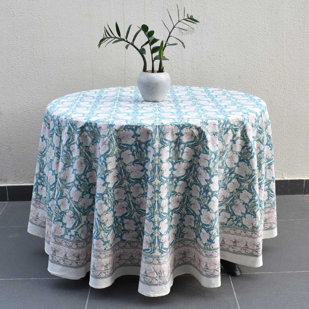 Image of Round  275 cms 100% Cotton Tablecloth | Bauhaus-Pink-Open-601781