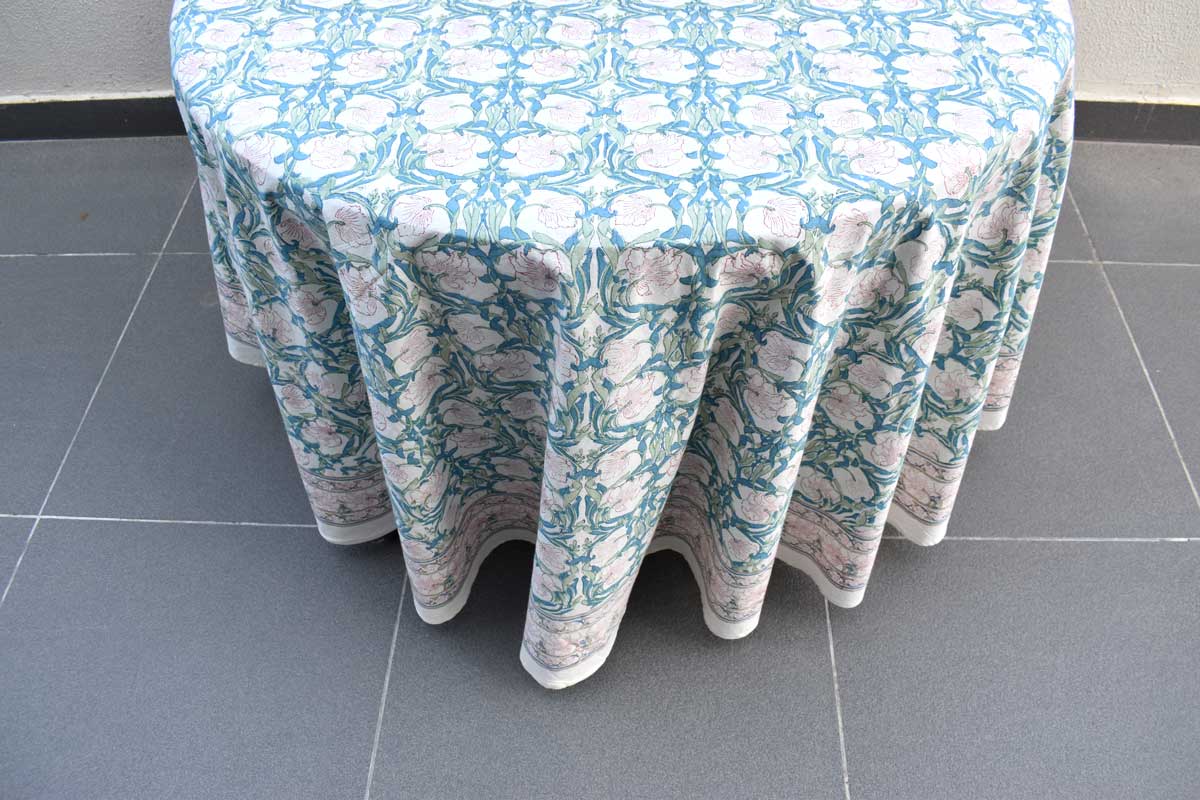 Hand Block Printed Cotton Round Tablecloth 150 cms Bauhaus-Pink-Open-601781