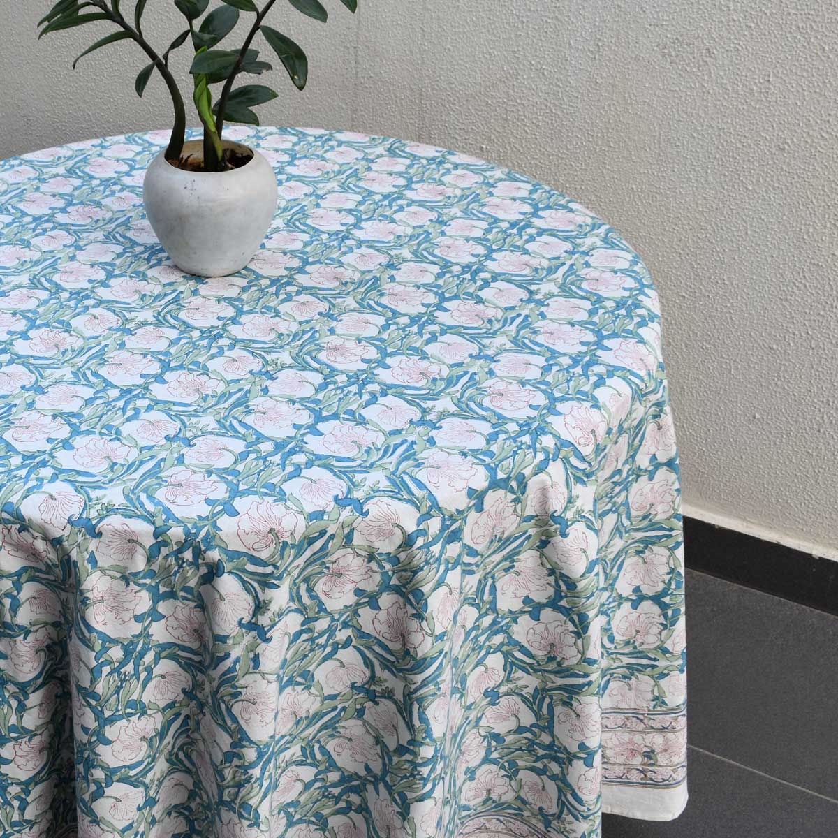 Hand Block Printed Cotton Round Tablecloth 150 cms  Bauhaus-Pink-Open-601781