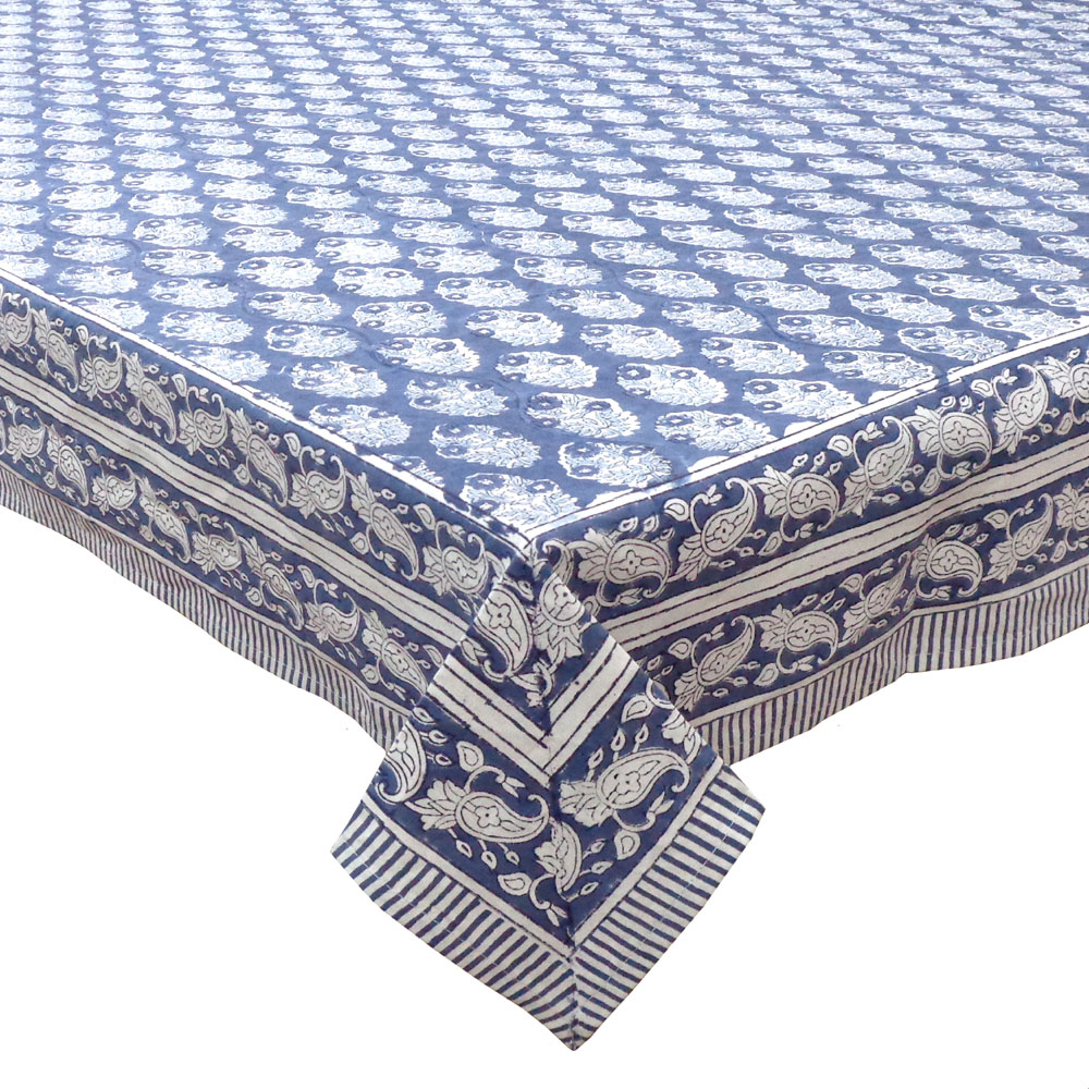 Hand Block Printed Cotton Tablecloth 180x270 cms Boota Aster Blue 202504