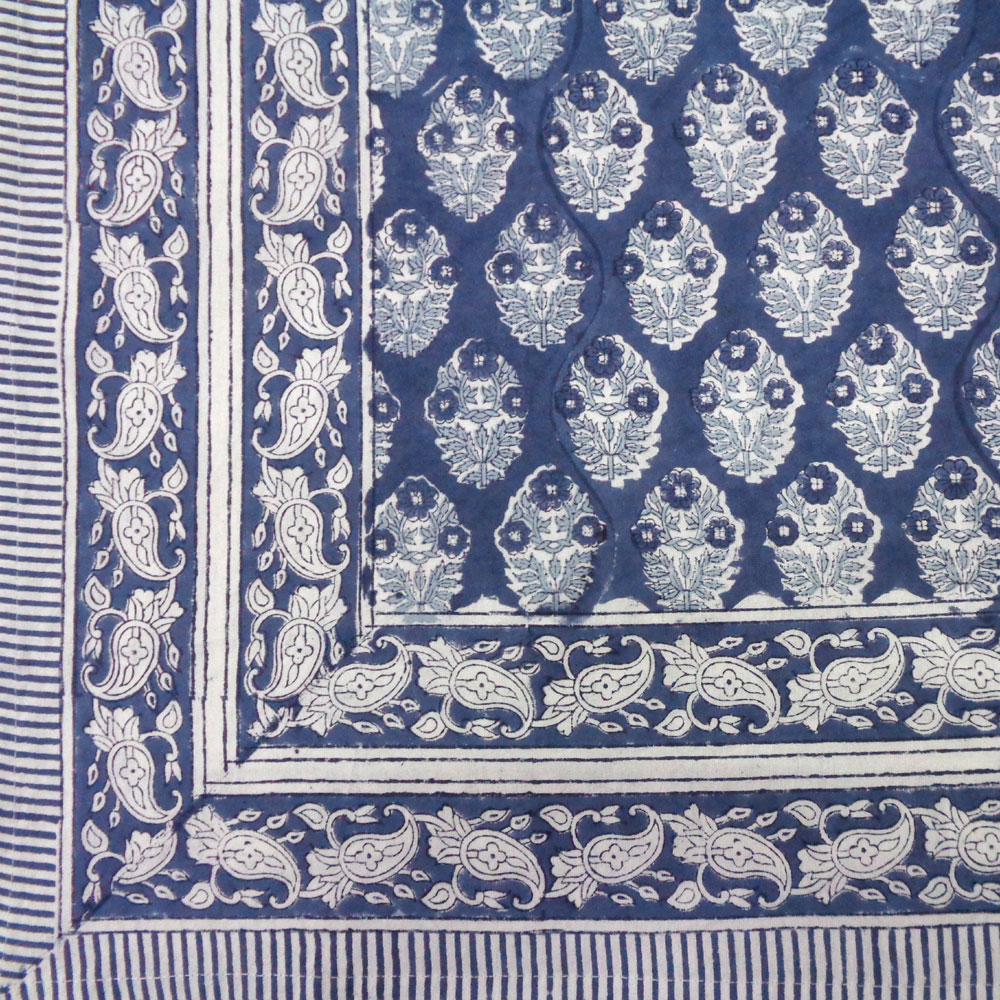 Hand Block Printed Cotton Tablecloth 180x270 cms Boota Aster Blue 202504