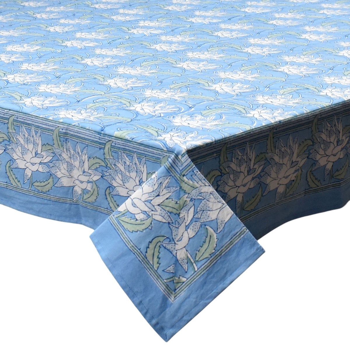 Hand Block Printed Table Linen  100 Cotton  Japan Lotus Blue Gud 202502