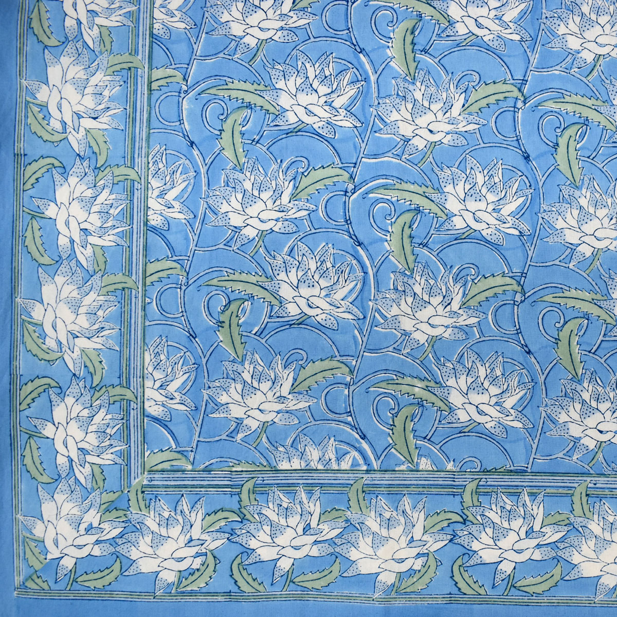 Wood Block Printed Handmade Tablecloth 150x220 cms  Japan Lotus Blue Gud 202502