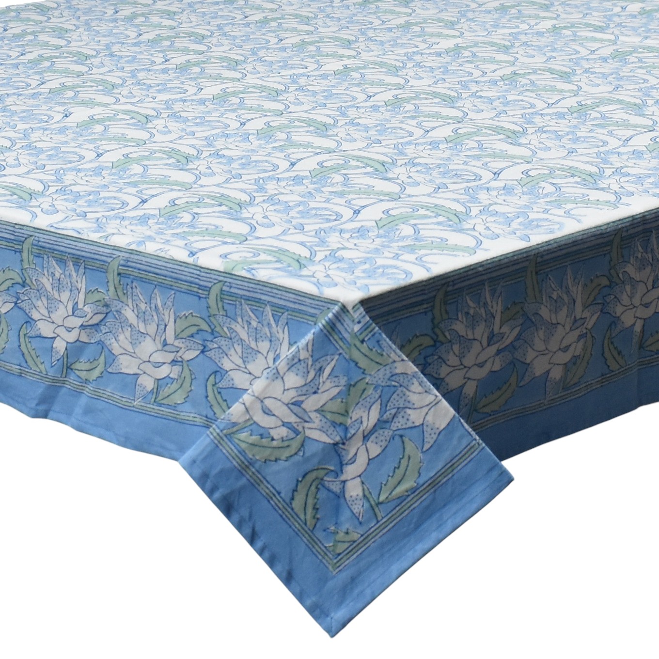 Wood Block Printed Handmade Tablecloth 150x220 cms  Japan Lotus Blue Open 202506