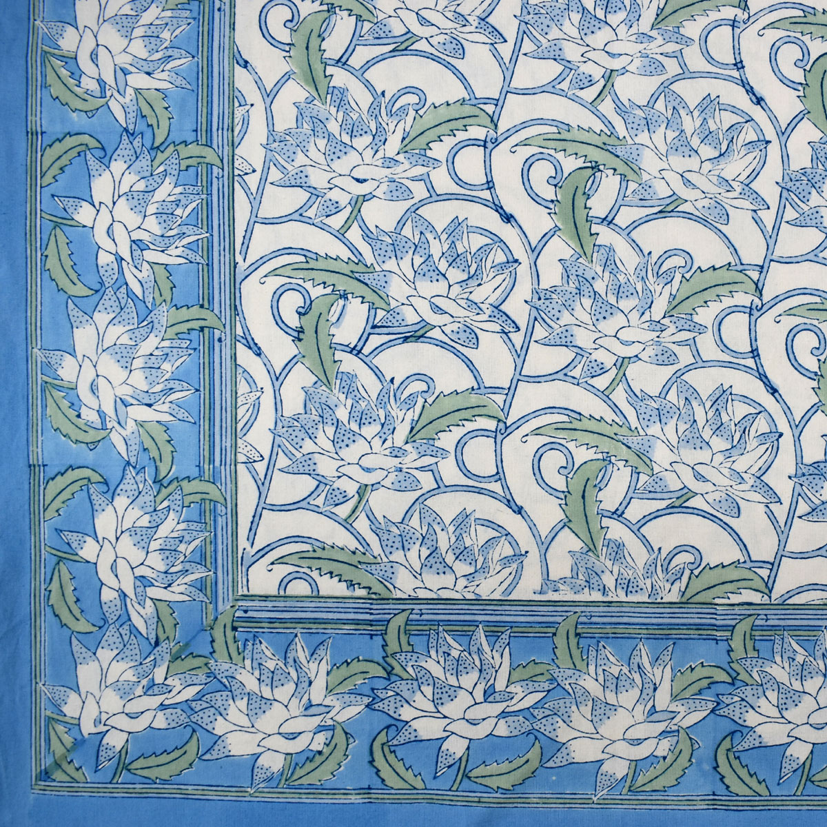 Wood Block Printed Handmade Tablecloth 150x220 cms  Japan Lotus Blue Open 202506