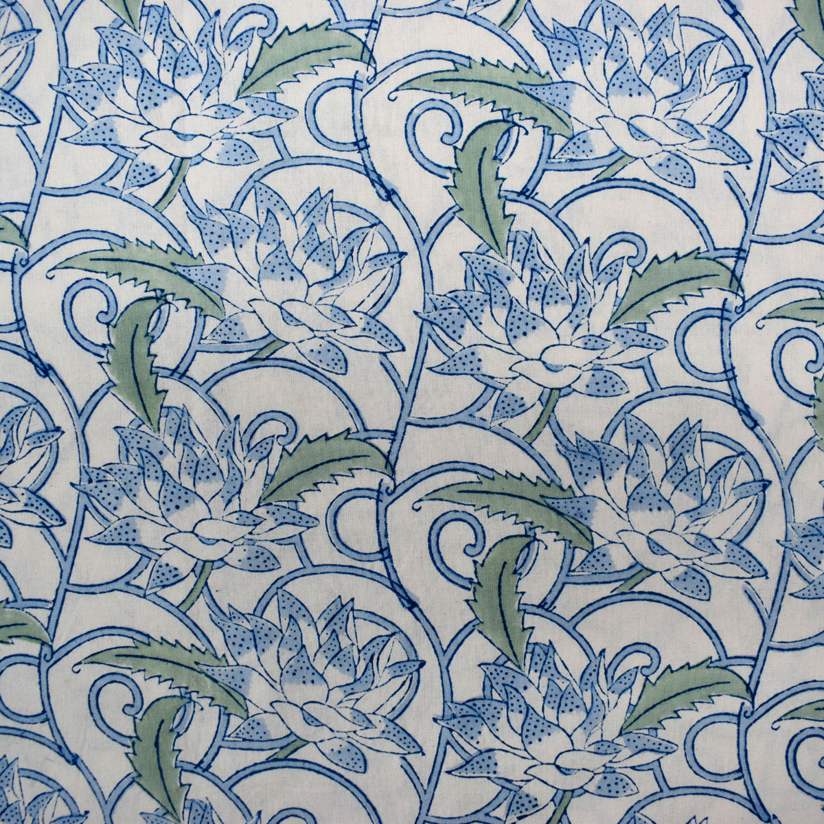 Wood Block Printed Handmade Tablecloth 150x220 cms  Japan Lotus Blue Open 202506