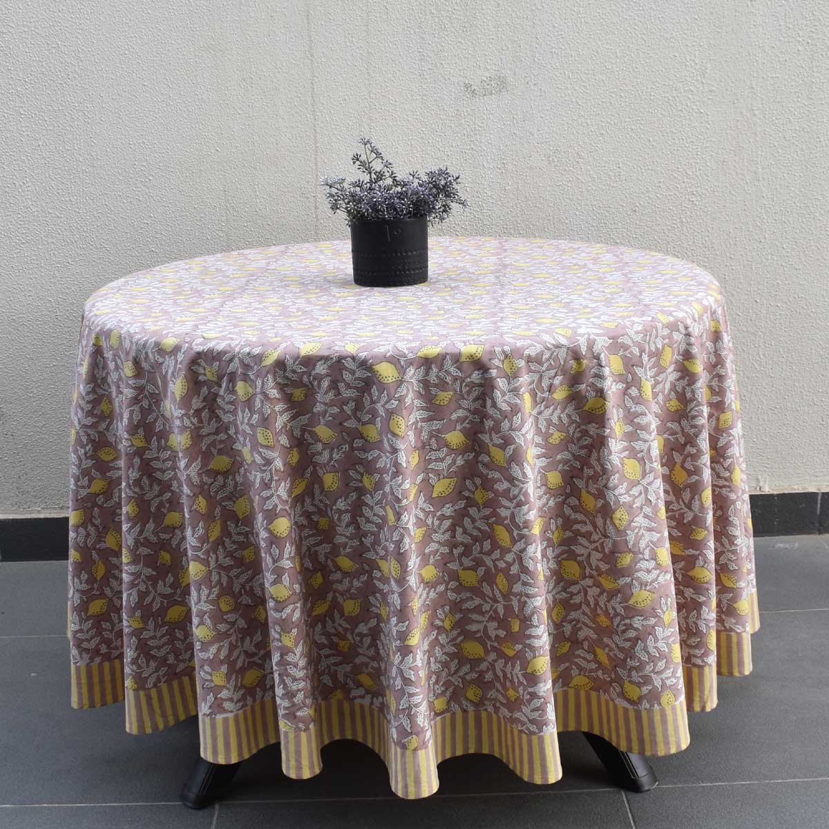 Hand Block Printed Cotton Round Tablecloth 150 cms  Lemon Earth 202404