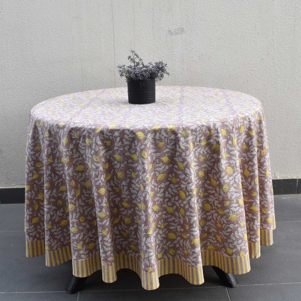 Image of Hand Block Printed Cotton Round Tablecloth 150 cms | Lemon Earth 202404
