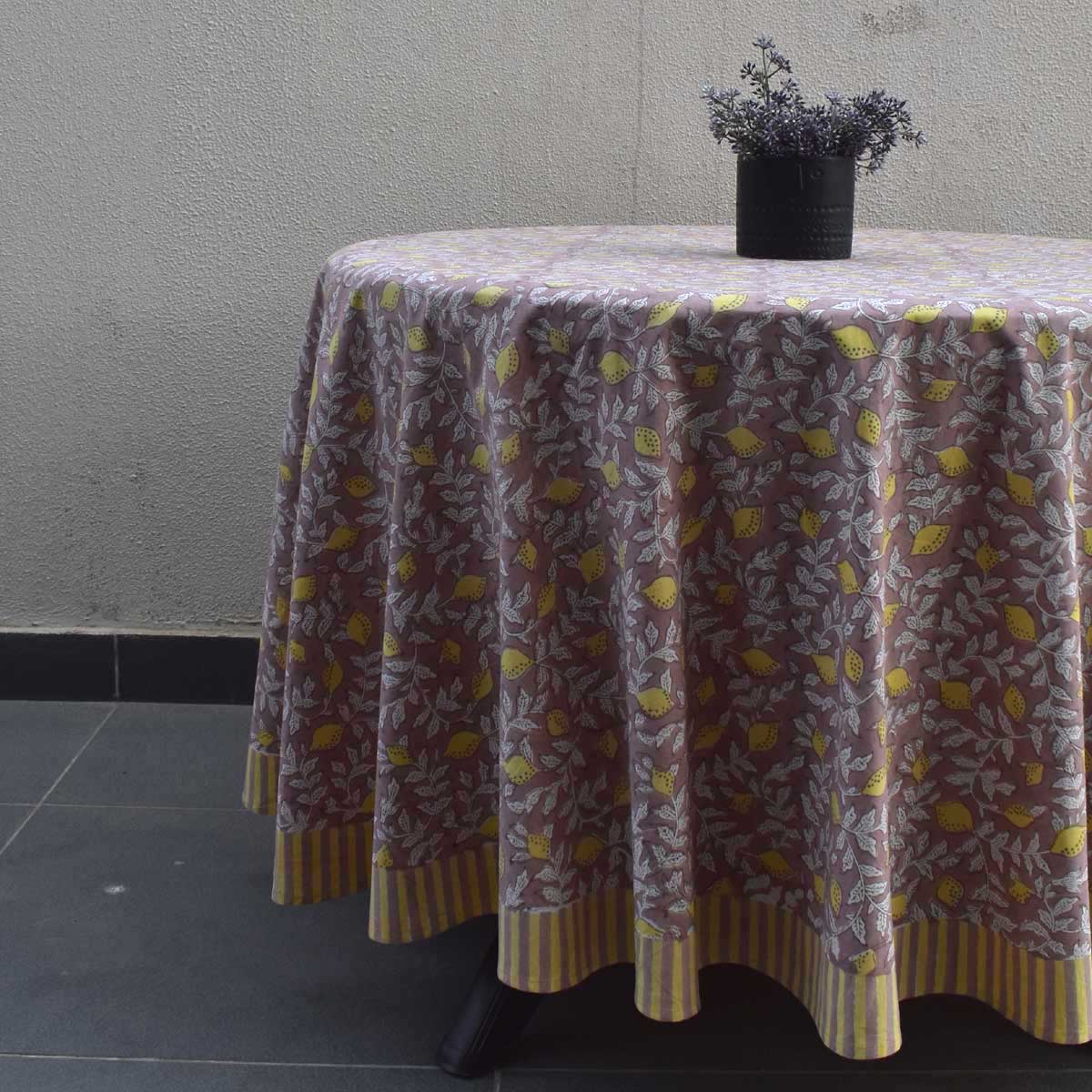 Hand Block Printed Cotton Round Tablecloth 150 cms Lemon Earth 202404