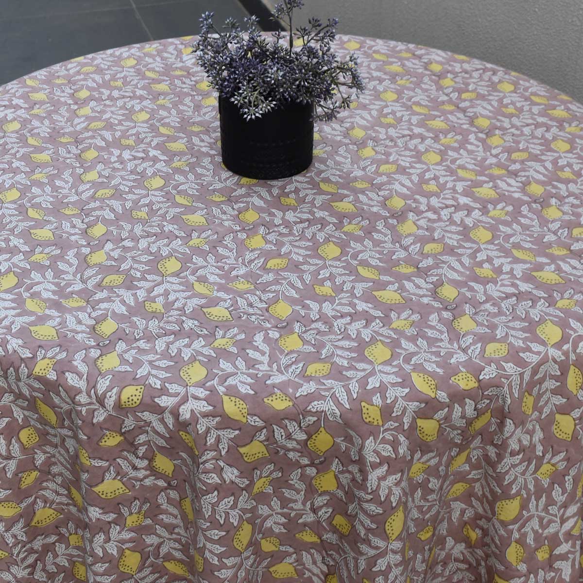 Hand Block Printed Cotton Round Tablecloth 150 cms Lemon Earth 202404