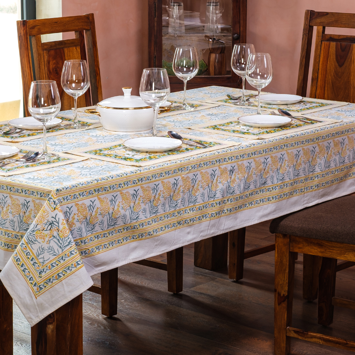 Square Tablecloth in Cotton Hand Block Printed Cotton Tablecloth 180x180 cms Lilas Amber 202507