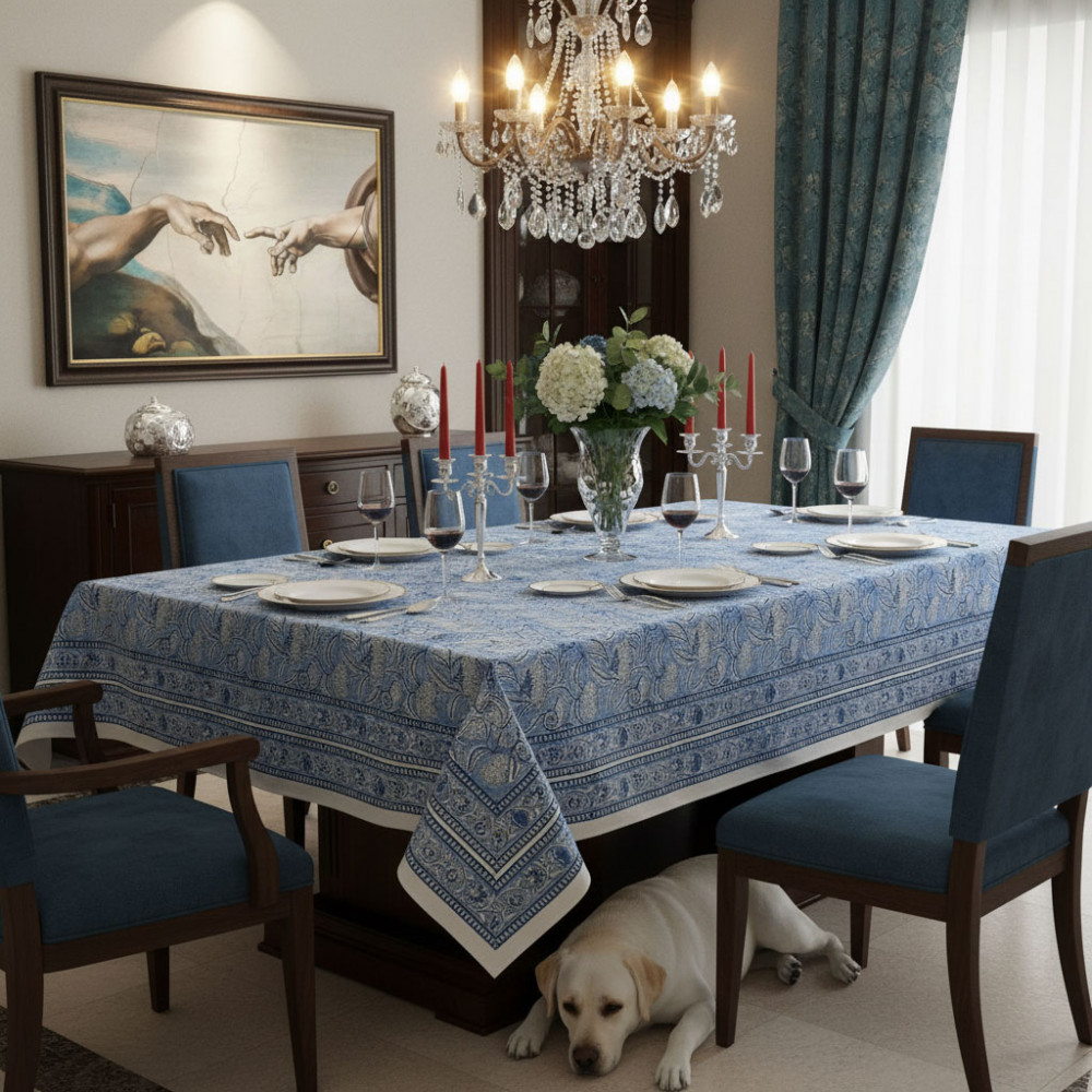 Image of Wood Block Printed Handmade Tablecloth 150x220 cms | Meadow Song Blue 202513