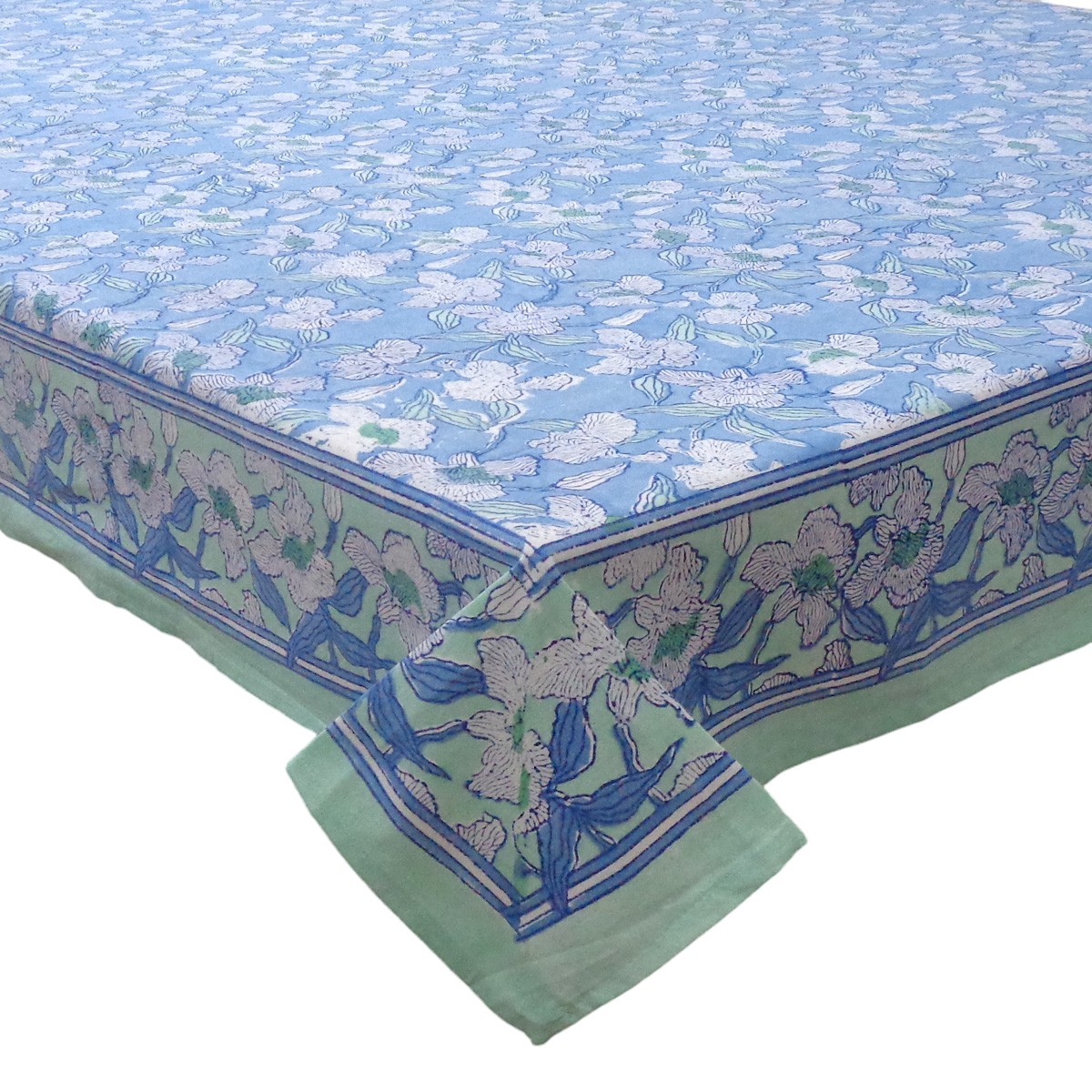 Hand Block Printed Cotton Tablecloth 180x270 cms Orchid Aqua 203890