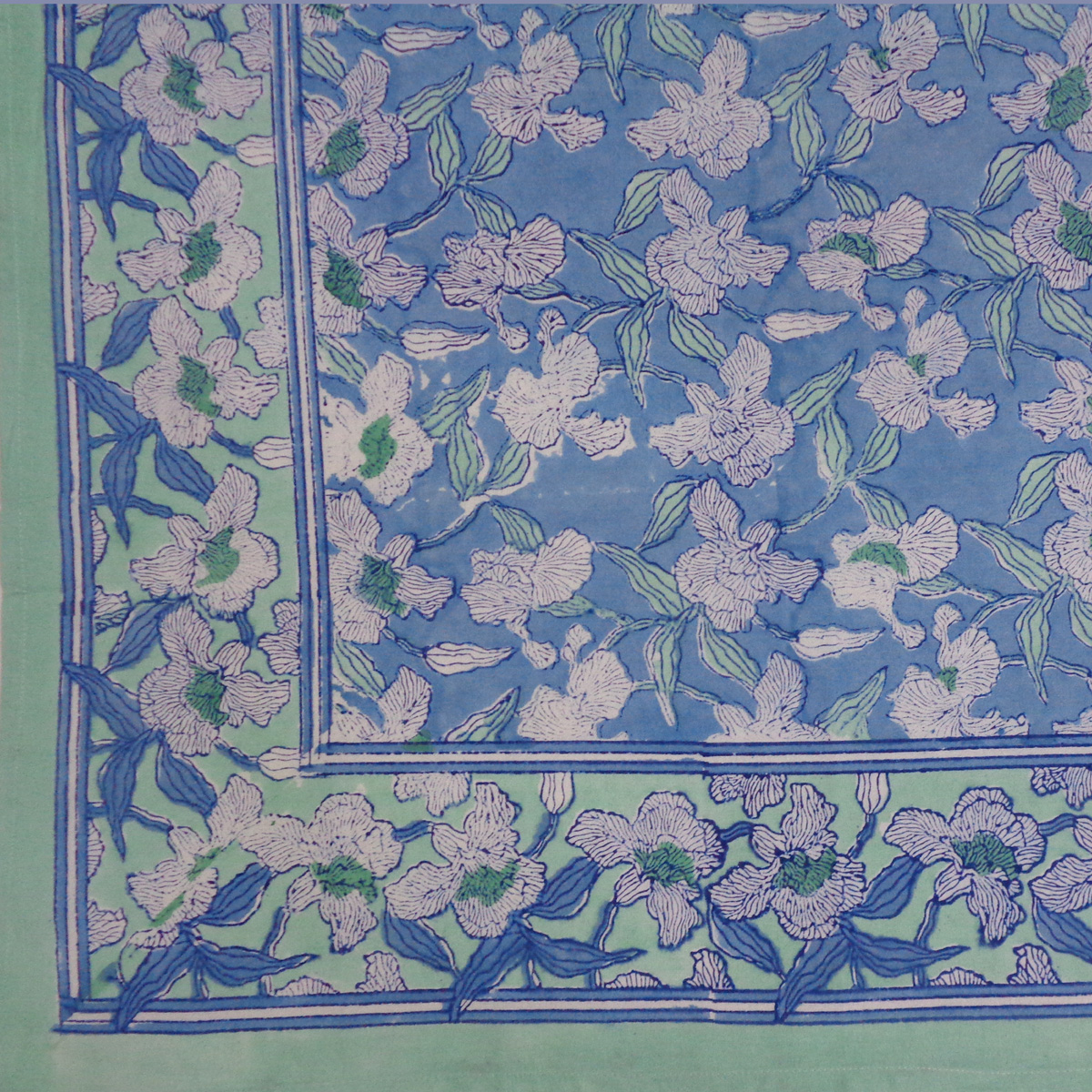 Hand Block Printed Cotton Tablecloth 180x340 cms Orchid Aqua 203890
