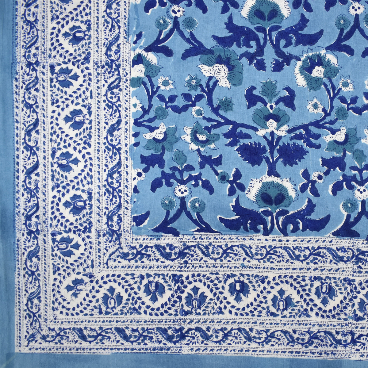 Wood Block Printed Handmade Tablecloth 150x220 cms Rukhsana Blue Bell 202402