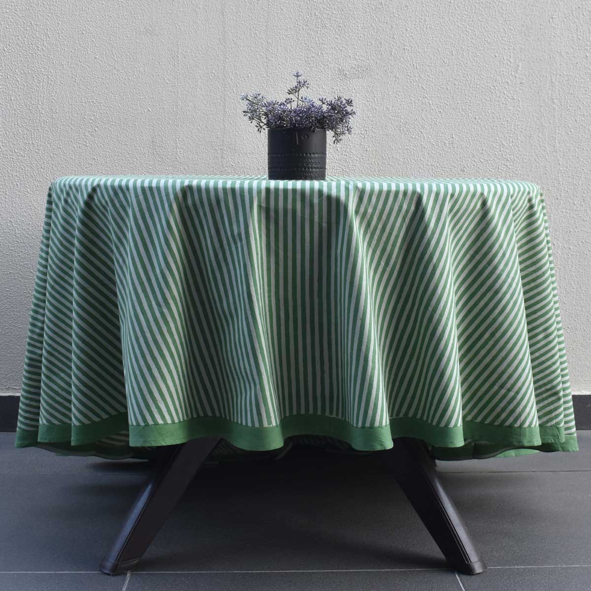 Round 220 cms Cotton French Design Table Cover Stripe Green Olive 202529