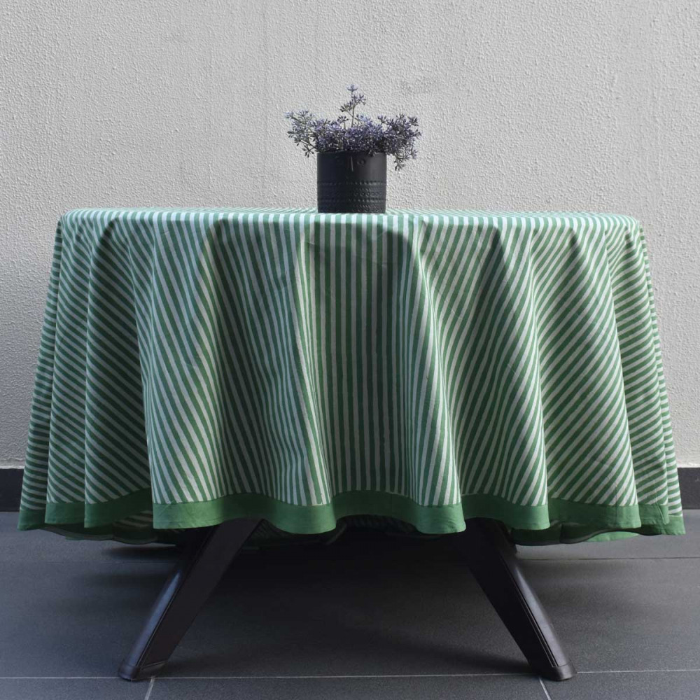 Image of Round 220 cms Cotton French Design Table Cover | Stripe Green Olive 202529