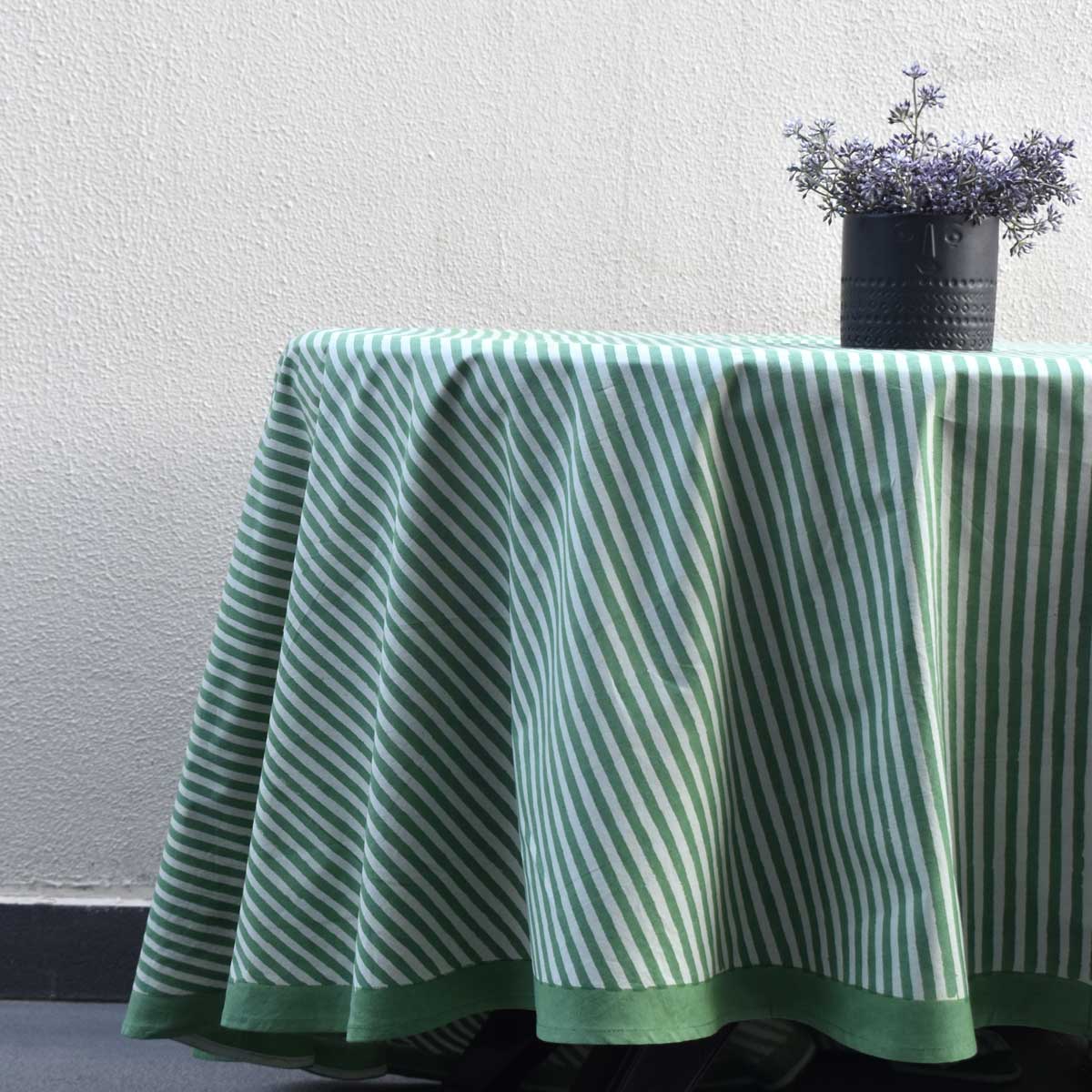 Round 220 cms Cotton French Design Table Cover Stripe Green Olive 202529