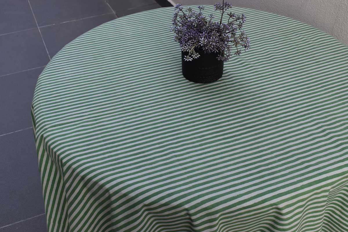 Round 220 cms Cotton French Design Table Cover Stripe Green Olive 202529