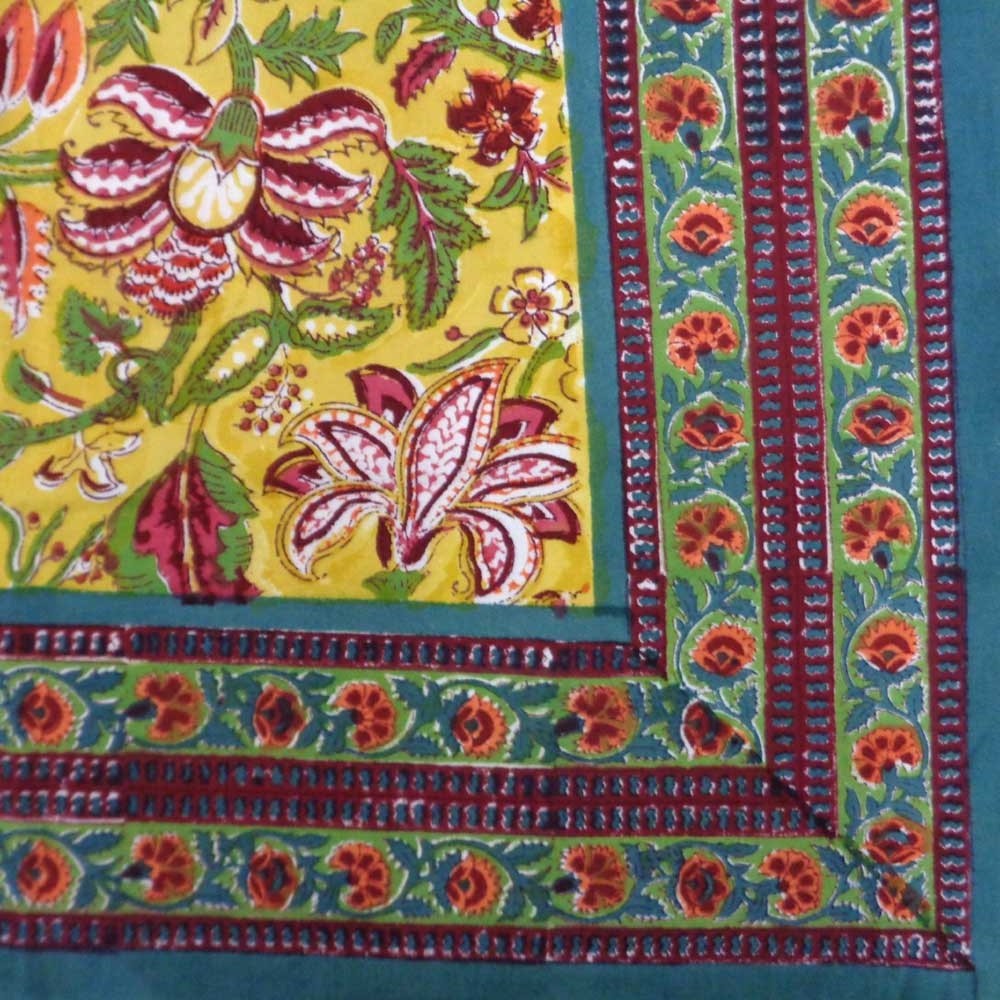 Square Tablecloth in Cotton Hand Block Printed Cotton Tablecloth 150x150 cms Anarkali Lime Gud 102365