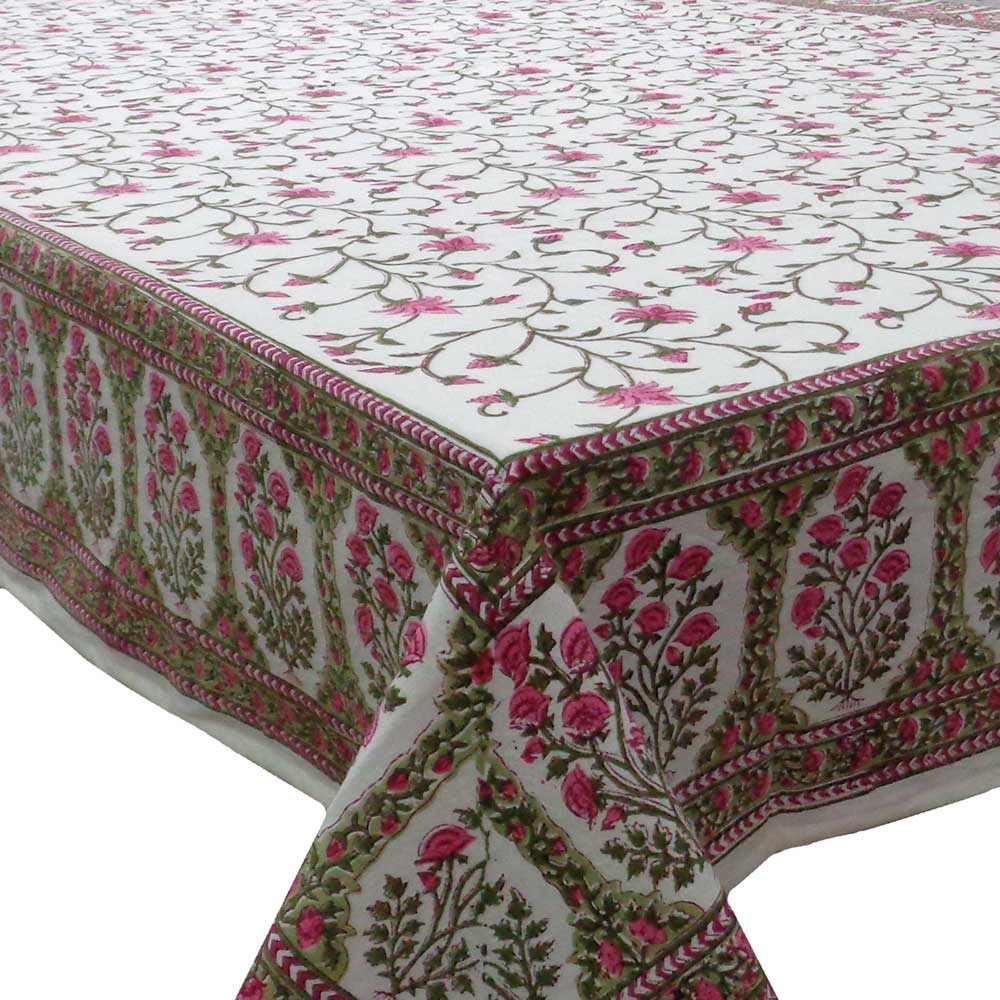 Tablecloth 12 seater in Cotton Hand Block Printed Cotton Tablecloth 180x340 cm Floral Bale Pink 103562