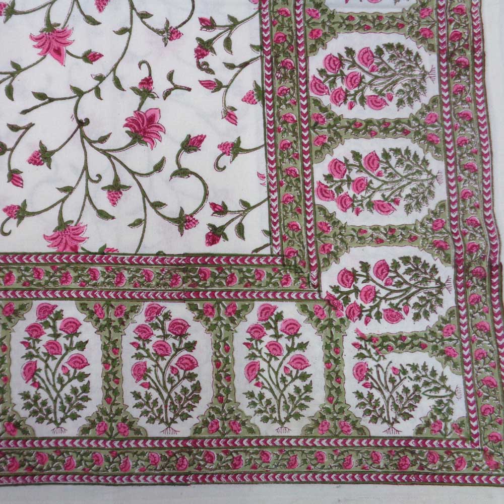 Hand Block Printed Cotton Tablecloth 180x270 cm Floral Bale Pink 103562