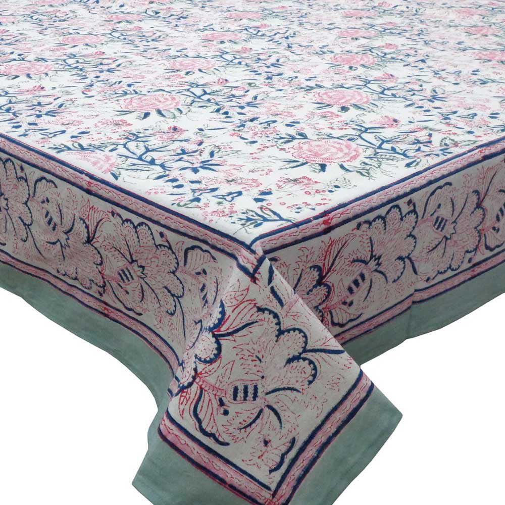 Hand Block Printed Cotton Tablecloth 150x220 cms Naya Gulab Open 105196