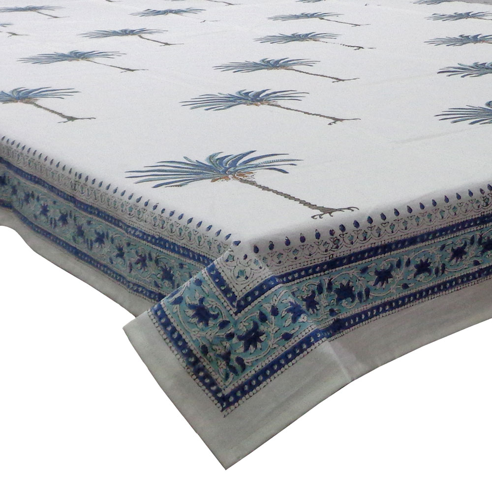 Square Tablecloth in Cotton Hand Block Printed Cotton Tablecloth 150x150 cms Palm Tree Blue 109022