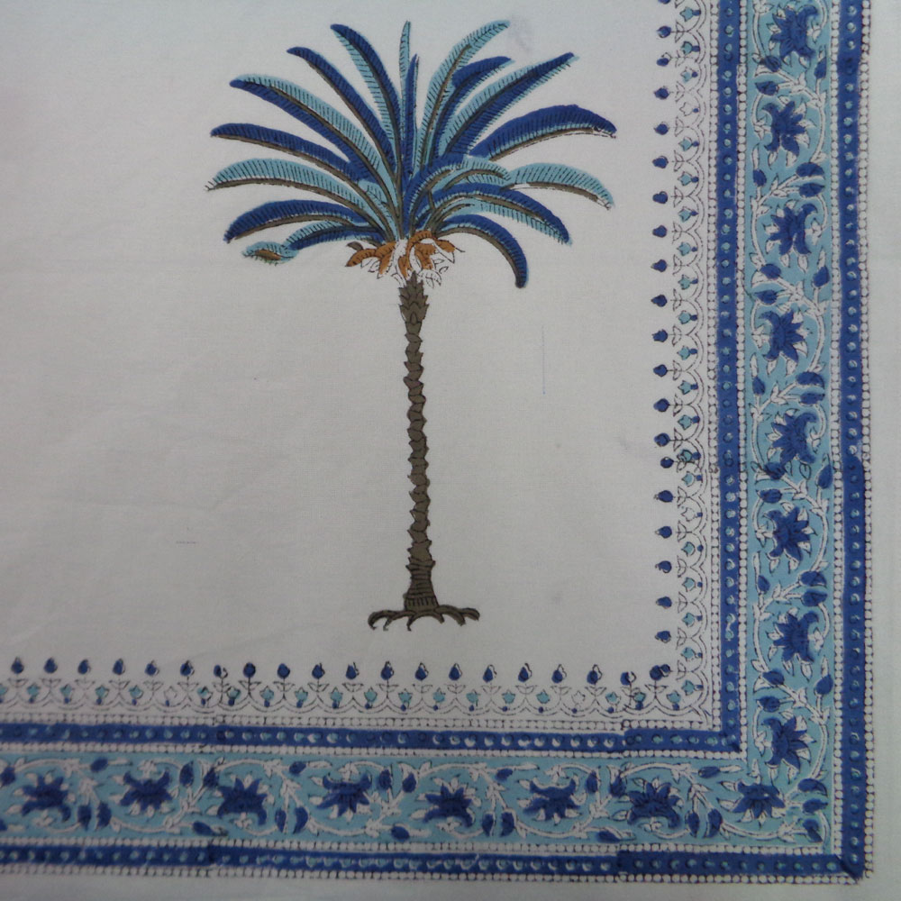 Square Tablecloth in Cotton Hand Block Printed Cotton Tablecloth 150x150 cms Palm Tree Blue 109022