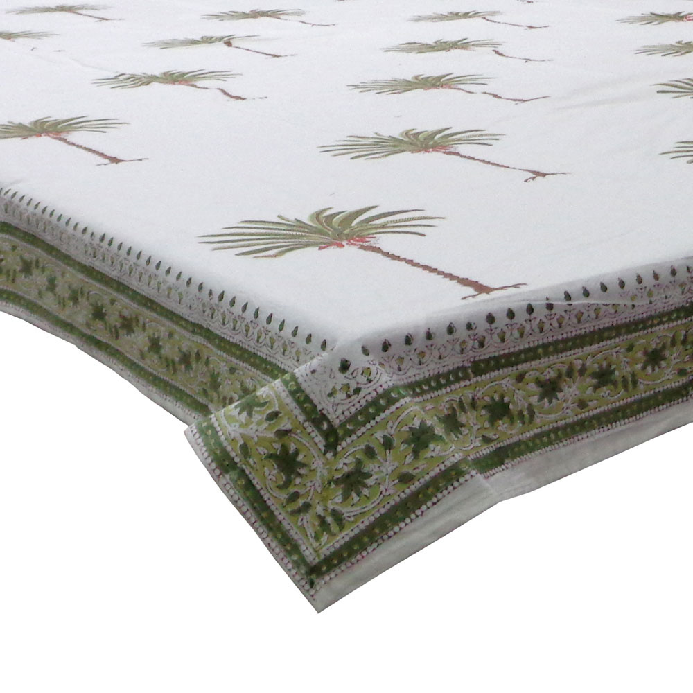Square Tablecloth in Cotton Hand Block Printed Cotton Tablecloth 220x220 cms Palm Tree Green 109024