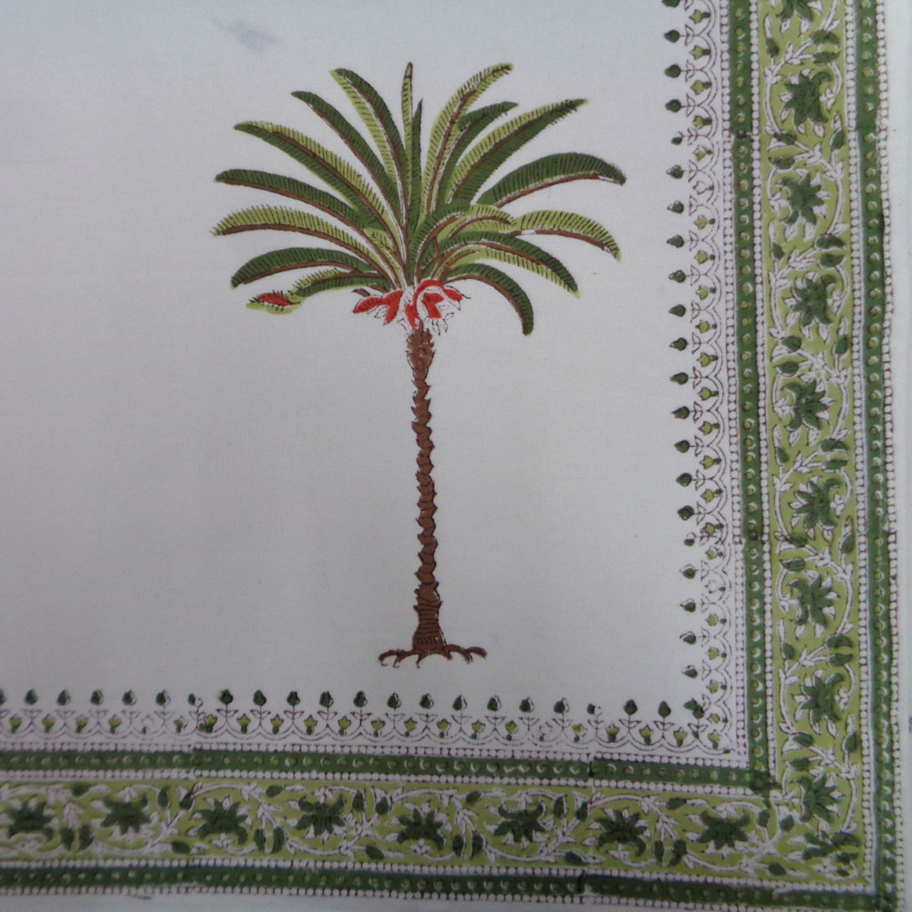 Square Tablecloth in Cotton Hand Block Printed Cotton Tablecloth 220x220 cms Palm Tree Green 109024