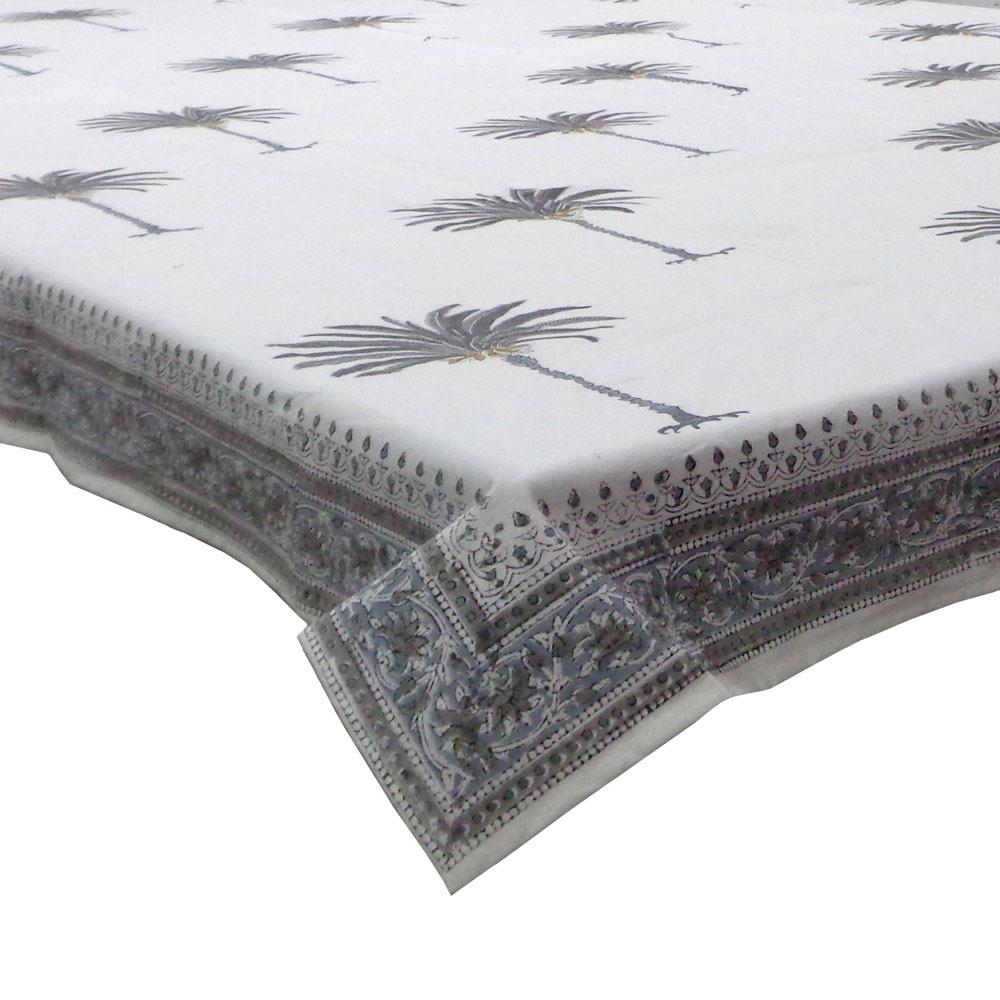 Square Tablecloth in Cotton Hand Block Printed Cotton Tablecloth 150x150 cms Palm Tree Grey 105175