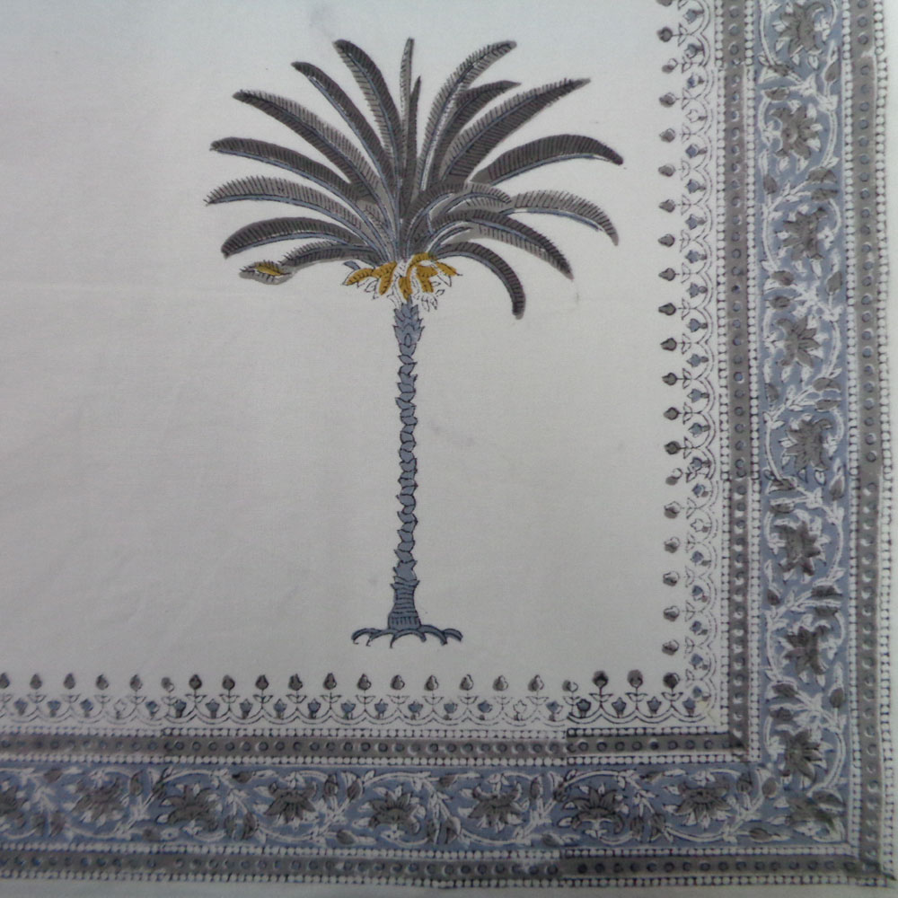 Square Tablecloth in Cotton Hand Block Printed Cotton Tablecloth 150x150 cms Palm Tree Grey 105175