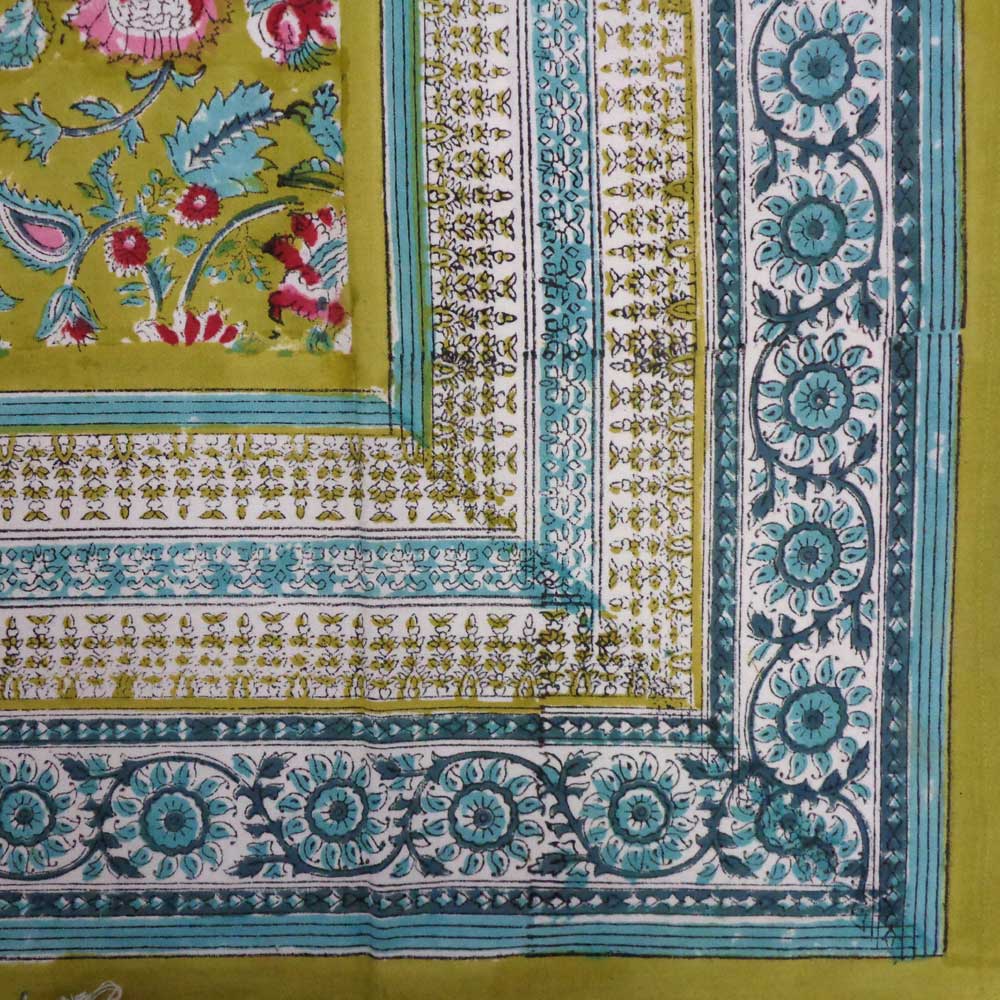 Square Tablecloth in Cotton Hand Block Printed Cotton Tablecloth 150x150 Phuljhari Olive Gud 103487