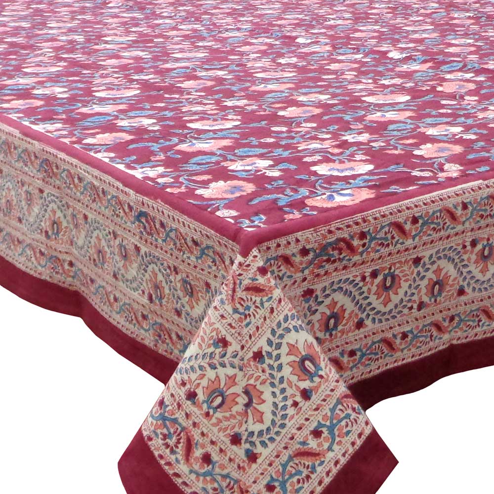 Square Tablecloth in Cotton Hand Block Printed Cotton Tablecloth 150x150 cms Rukhsana Maroon Gud 105823